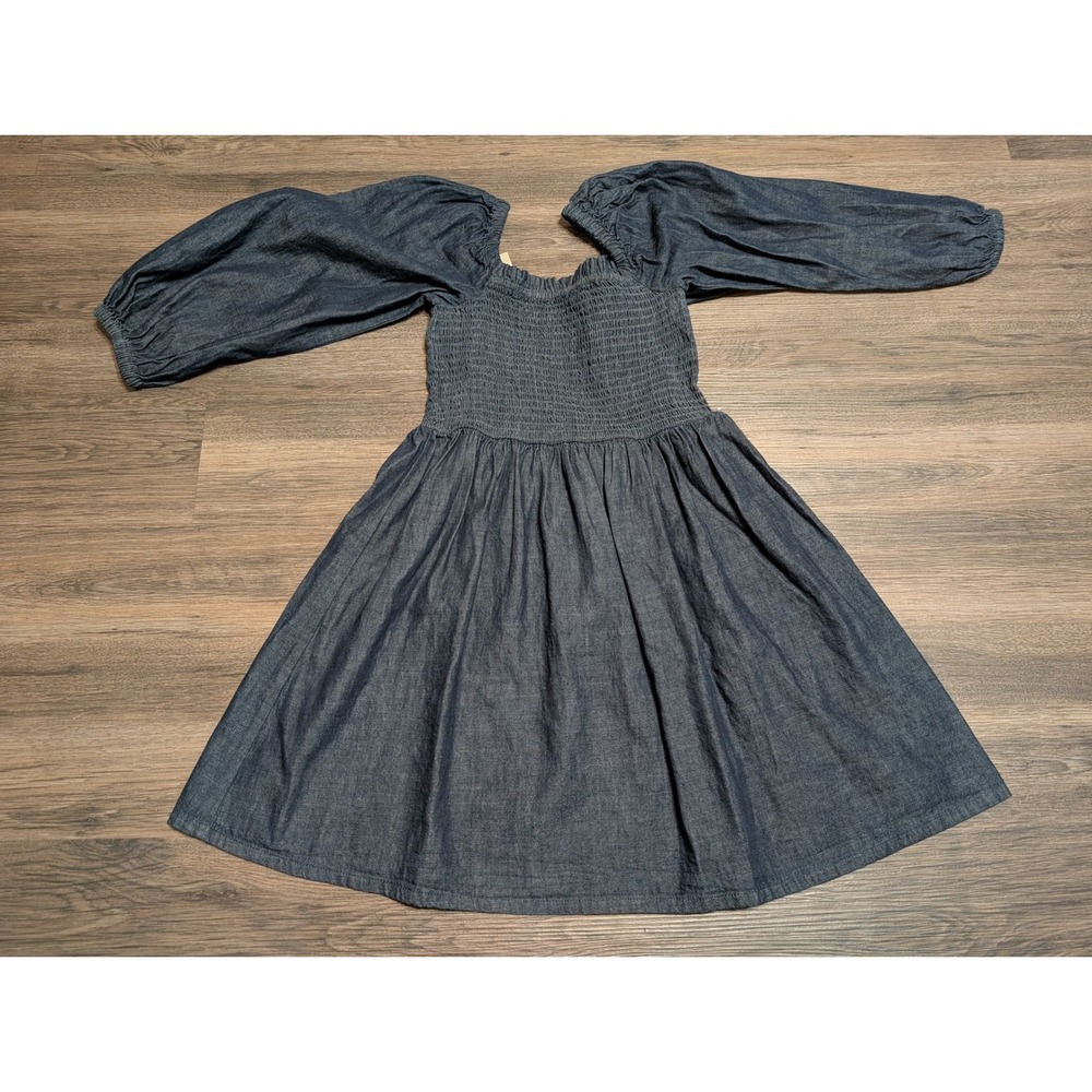 J. Crew‎ Chambray Smocked Puff Sleeve Midi Dress Blue Size S